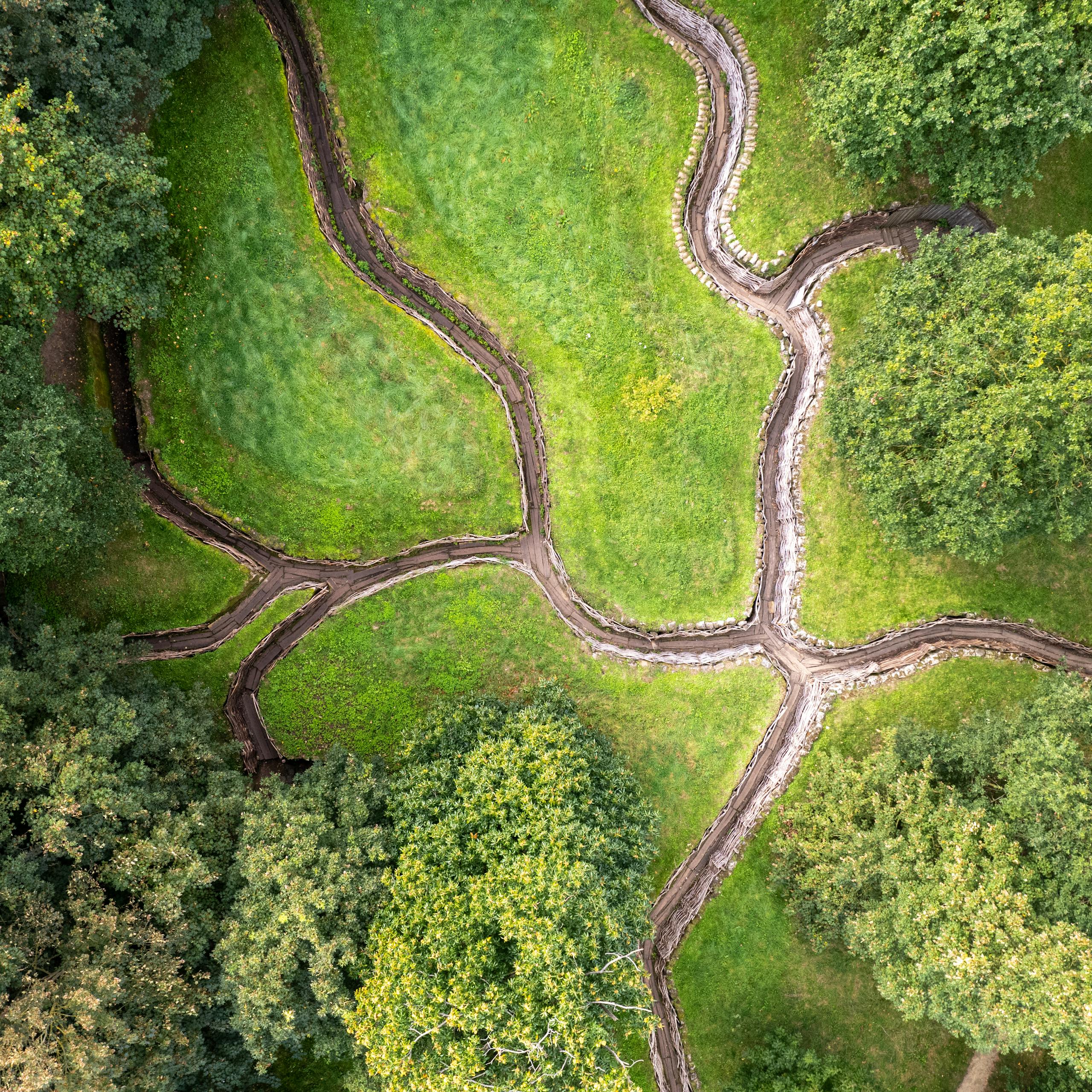Aerial shot of preserved World War I trenches in a lush green forest in Ieper, Belgium.